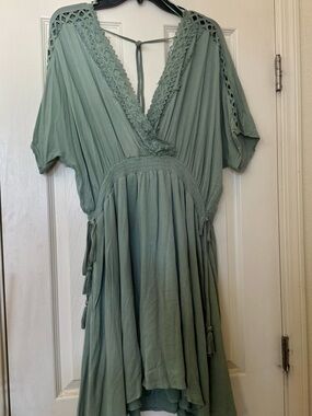Sage Green V-Neck Boho Tassel Dress